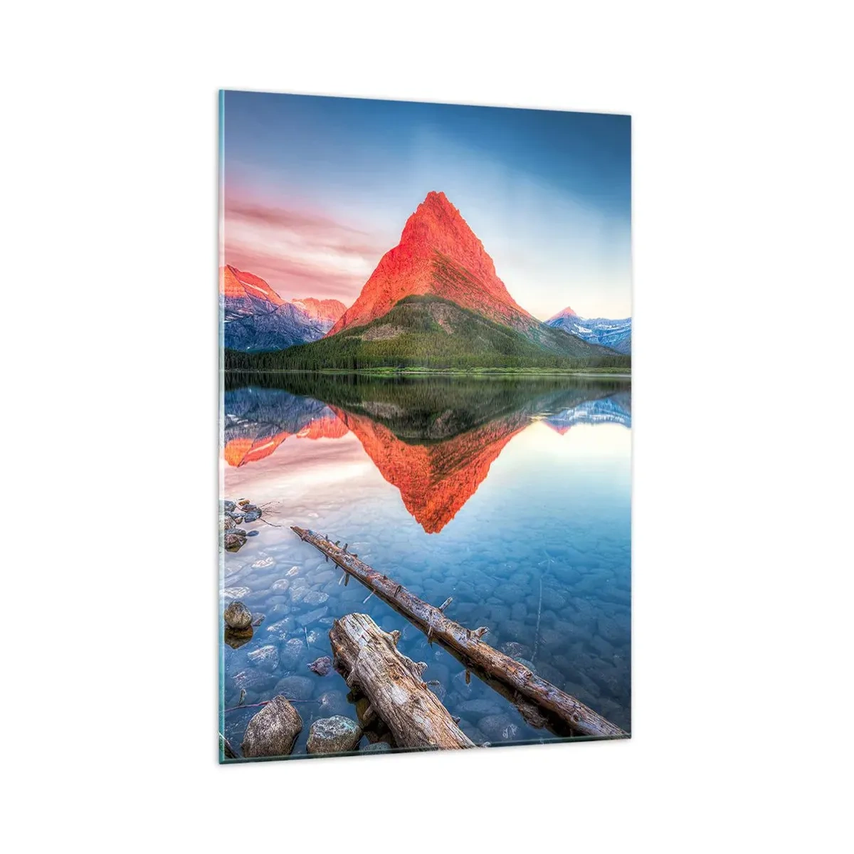 Cuadro sobre vidrio - Impresiones sobre Vidrio - Una montaña reflejada en un lago al atardecer. - 80x120cm - Cálido y frío - Decoración de pared moderna para salón y dormitorio ARTTOR