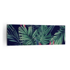 Cuadro sobre lienzo - Impresión de Imagen - Hojas y flores tropicales sobre un fondo oscuro. - 160x50cm - Encender el color verde - Decoración de pared moderna para salón y dormitorio ARTTOR