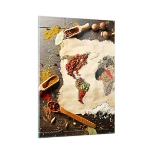 Cuadro sobre vidrio - Impresiones sobre Vidrio - Un mapa del mundo hecho con varias especias sobre un fondo rústico. - 50x70cm - Todos los sabores del mundo - Decoración de pared moderna para salón y dormitorio ARTTOR
