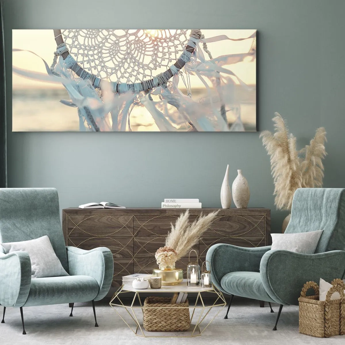 Cuadro sobre lienzo - Impresión de Imagen - Un delicado atrapasueños con el sol poniente como telón de fondo. - 160x50cm - Tótem sagrado - Decoración de pared moderna para salón y dormitorio ARTTOR