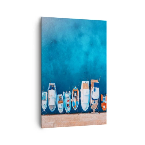 Cuadro sobre lienzo - Impresión de Imagen - Barcos amarrados en la orilla contra el agua azul. - 80x120cm - En fila y a la espera - Decoración de pared moderna para salón y dormitorio ARTTOR