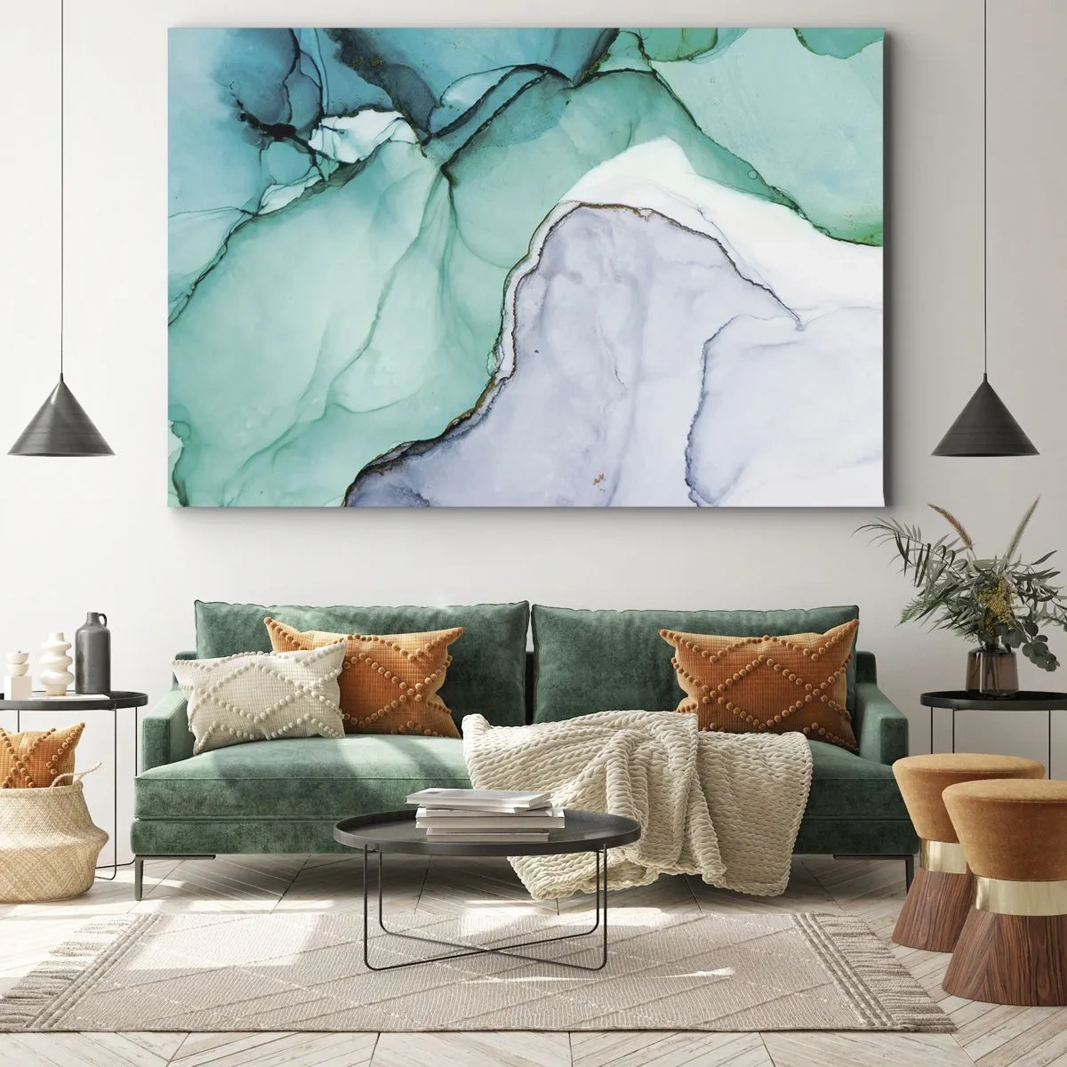 Cuadro sobre lienzo - Impresión de Imagen - Patrón abstracto en tonos turquesa y blanco. - 70x50cm - Estudio en turquesa - Decoración de pared moderna para salón y dormitorio ARTTOR