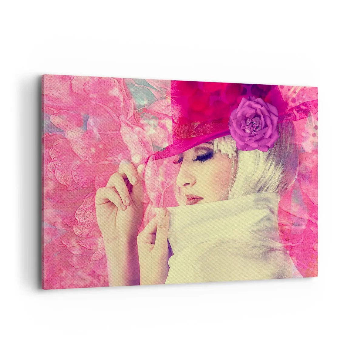 Cuadro sobre lienzo - Impresión de Imagen - Mujer elegante con un sombrero rosa y una flor. - 120x80cm - Retrato retro en rosa - Decoración de pared moderna para salón y dormitorio ARTTOR