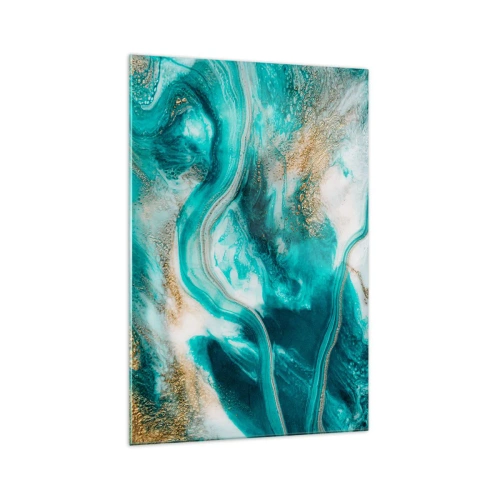 Cuadro sobre vidrio - Impresiones sobre Vidrio - Abstracción turquesa con acentos blancos y dorados. - 70x100cm - Río de oro - Decoración de pared moderna para salón y dormitorio ARTTOR