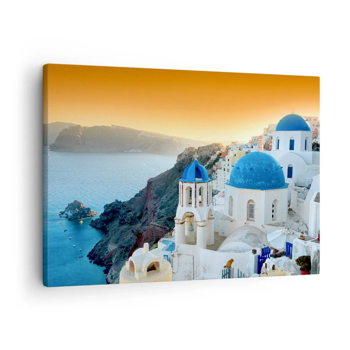 Cuadro sobre lienzo - Impresión de Imagen - Vista de Santorini con edificios blancos y mar azul. - 70x50cm - Santorini - el abrazo a las rocas - Decoración de pared moderna para salón y dormitorio ARTTOR