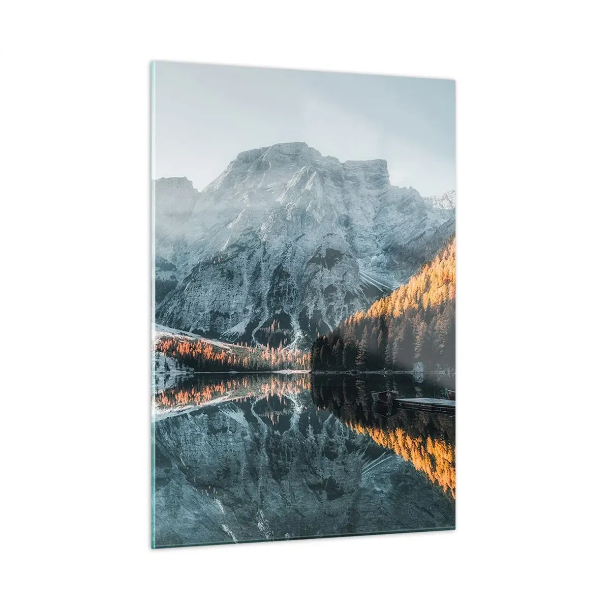 Cuadro sobre vidrio - Impresiones sobre Vidrio - Un paisaje de montaña reflejado en la tranquila superficie del lago. - 50x70cm - Paisaje en el espejo - Decoración de pared moderna para salón y dormitorio ARTTOR