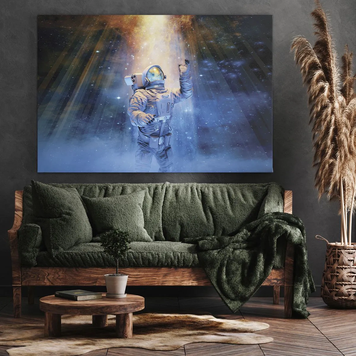 Cuadro sobre lienzo - Impresión de Imagen - Astronauta a la luz de una explosión cósmica llena de estrellas - 70x50cm - El descubrimiento - Decoración de pared moderna para salón y dormitorio ARTTOR