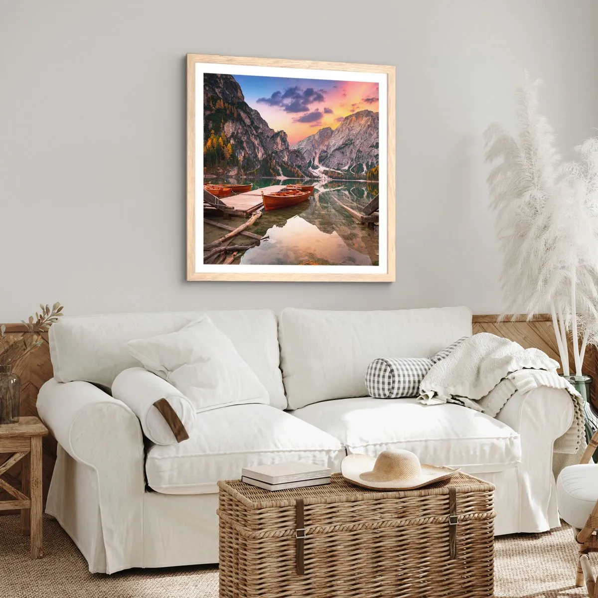 Póster en marco roble claro - Espejo entre montañas - 40x40 cm