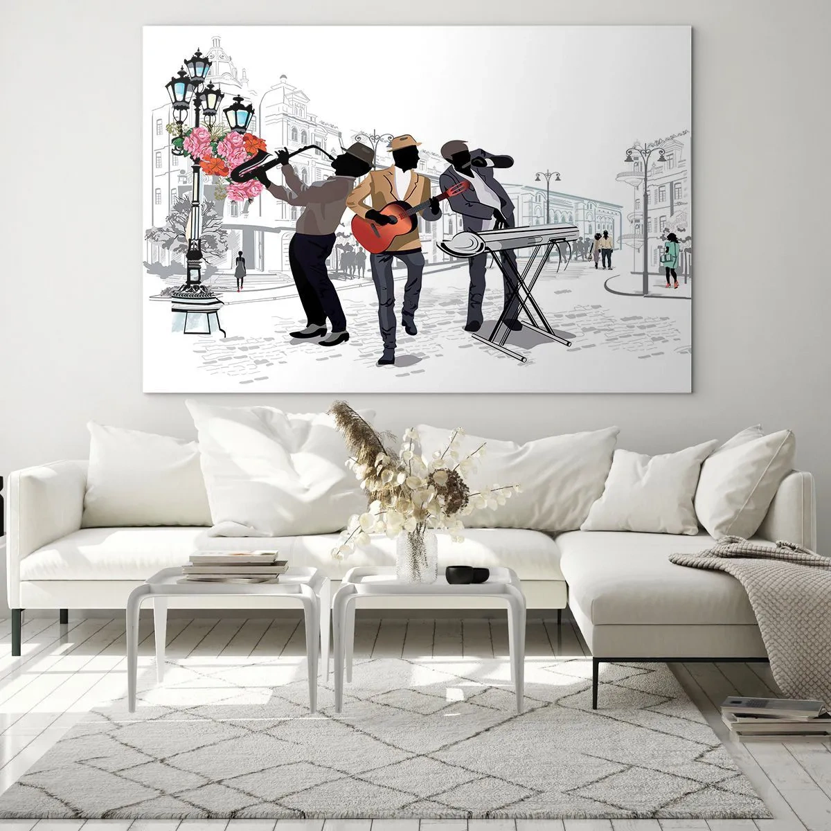 Cuadro sobre vidrio - Impresiones sobre Vidrio - Una banda de jazz tocando en la calle. - 70x50cm - Música de la calle - Decoración de pared moderna para salón y dormitorio ARTTOR