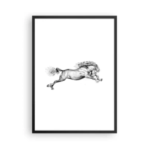 Póster en marco negro - Ilustración de un caballo al galope en blanco y negro - 50x70cm - Captura al galope - Decoración de pared moderna para salón y dormitorio ARTTOR