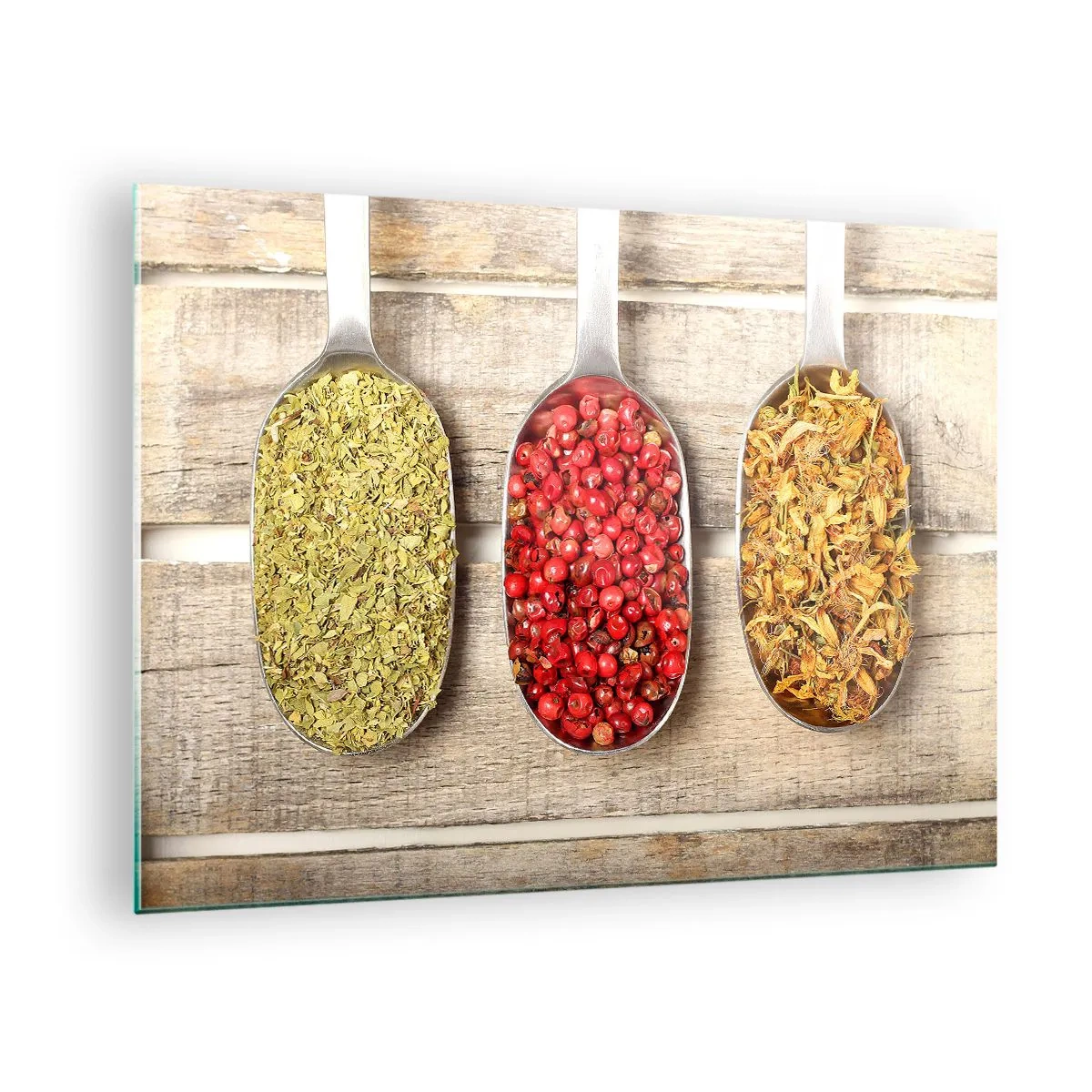 Cuadro sobre vidrio - Impresiones sobre Vidrio - Tres cucharas con especias sobre un fondo de madera rústica. - 70x50cm - La magia de la cocina - Decoración de pared moderna para salón y dormitorio ARTTOR