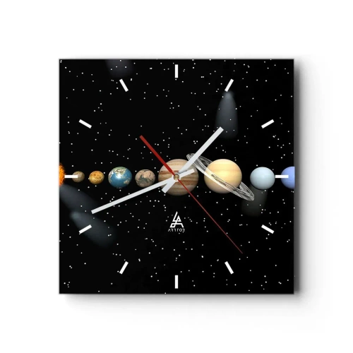 Reloj de pared - Reloj de vidrio - El sistema solar con planetas sobre un fondo de estrellas en el espacio. - 30x30cm - Los planetas en armonía - Decoración de pared moderna para salón y dormitorio ARTTOR