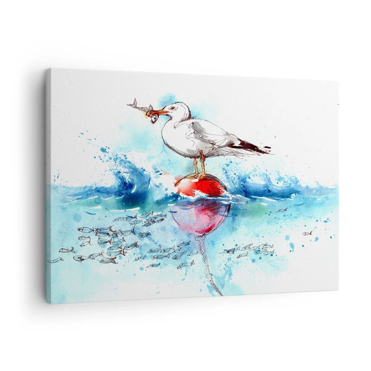 Cuadro sobre lienzo - Impresión de Imagen - Gaviota en una boya con peces al fondo en estilo acuarela - 70x50cm - Una captura exitosa - Decoración de pared moderna para salón y dormitorio ARTTOR