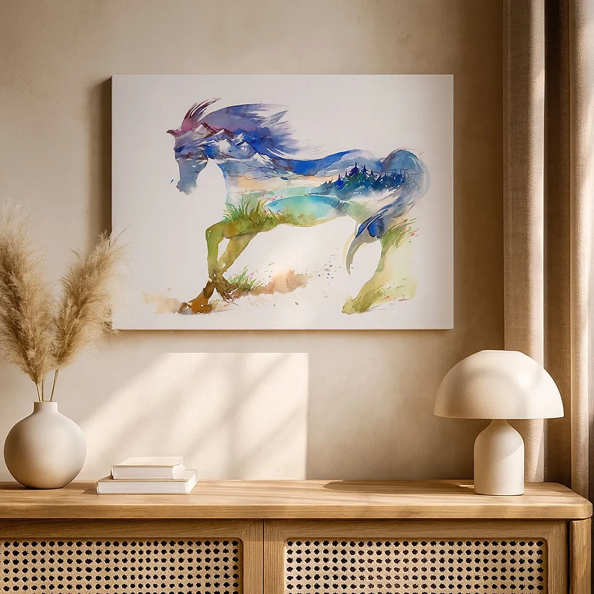 Cuadro sobre lienzo - Impresión de Imagen - Acuarela de un caballo con un paisaje de montaña en silueta. - 70x50cm - De la pradera al cielo - Decoración de pared moderna para salón y dormitorio ARTTOR