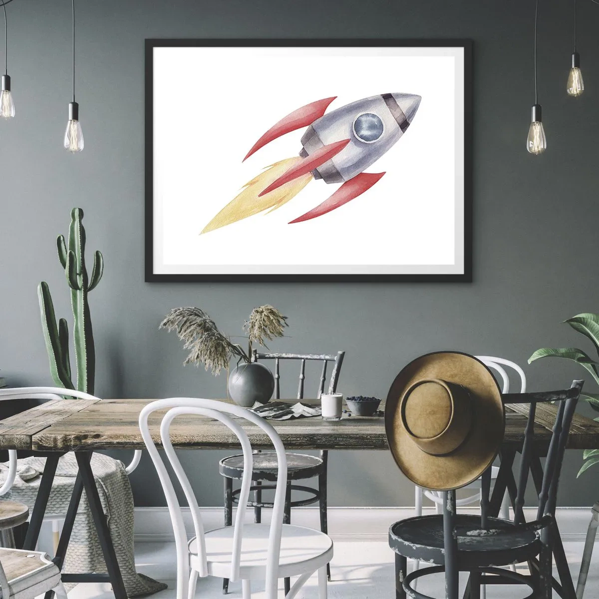Póster en marco negro - Cohete en estilo acuarela sobre fondo blanco. - 100x70cm - Más alto, más rápido, más lejos - Decoración de pared moderna para salón y dormitorio ARTTOR