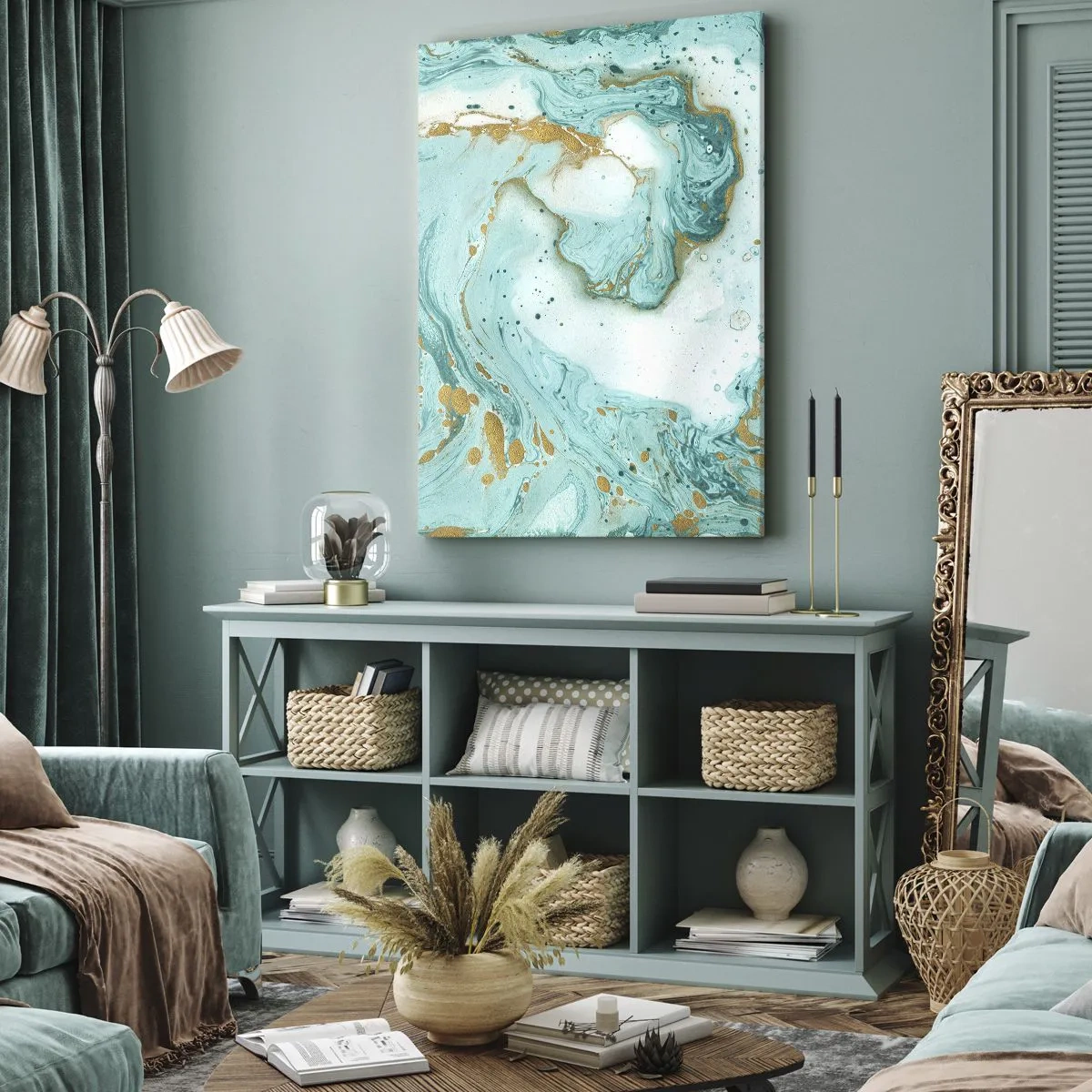 Cuadro sobre lienzo - Impresión de Imagen - Mármol turquesa con acentos dorados en una composición abstracta. - 50x70cm - Bajo la gran ola del periodo Edo - Decoración de pared moderna para salón y dormitorio ARTTOR