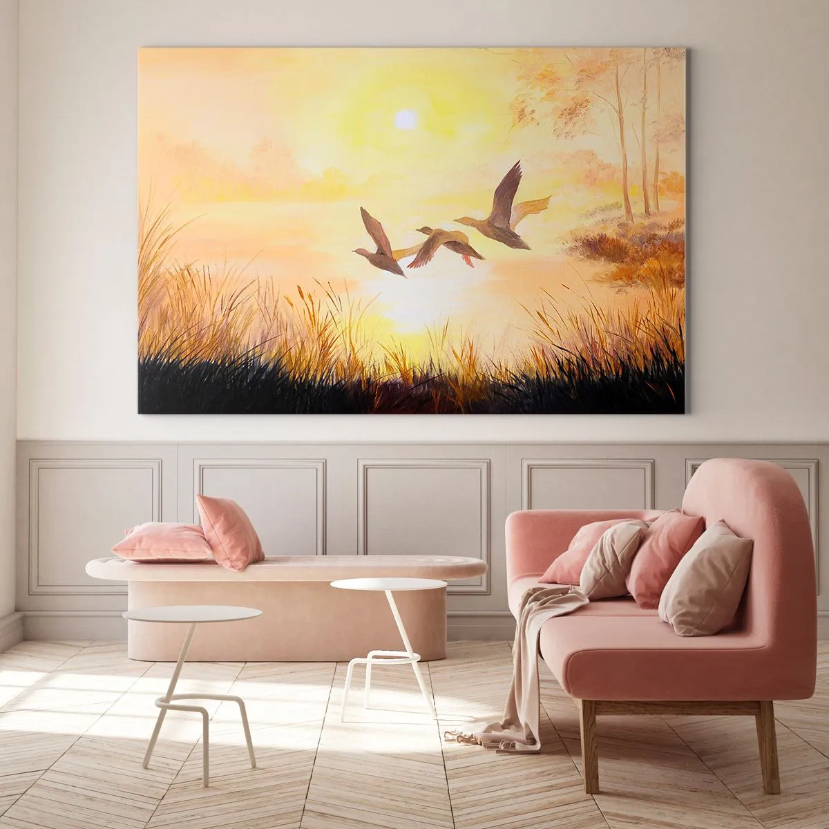 Cuadro sobre vidrio - Impresiones sobre Vidrio - Tres patos volando sobre un lago al amanecer - 100x70cm - El comienzo de un largo viaje - Decoración de pared moderna para salón y dormitorio ARTTOR
