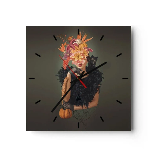 Reloj de pared - Reloj de vidrio - Retrato de una mujer con motivos otoñales y un gato. - 30x30cm - Hechizo de bruja - Decoración de pared moderna para salón y dormitorio ARTTOR