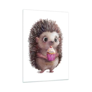 Cuadro sobre vidrio - Impresiones sobre Vidrio - Un lindo erizo con una magdalena sobre un fondo blanco. - 50x70cm - La celebración es diaria - Decoración de pared moderna para salón y dormitorio ARTTOR