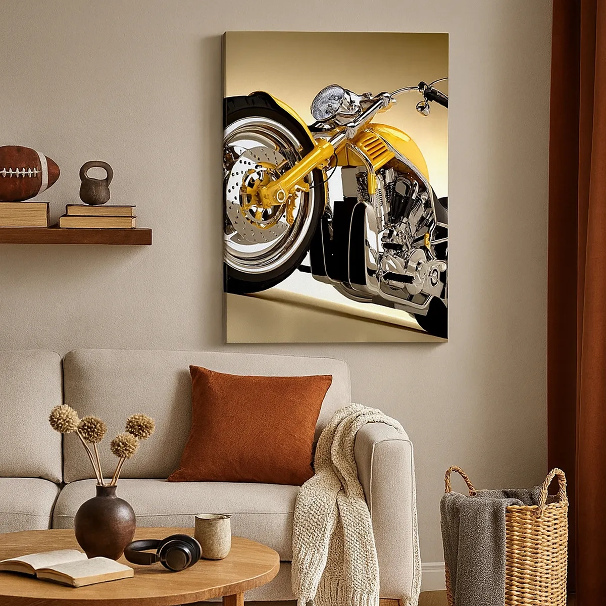 Cuadro sobre lienzo - Impresión de Imagen - Una motocicleta estilo chopper amarilla contra una pared beige - 50x70cm - Un sueño de fuerza y velocidad - Decoración de pared moderna para salón y dormitorio ARTTOR