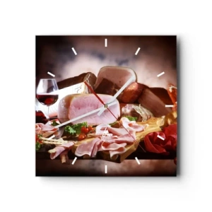 Reloj de pared - Reloj de vidrio - Embutidos con vino sobre fondo rústico - 30x30cm - Un sueño culinario  - Decoración de pared moderna para salón y dormitorio ARTTOR