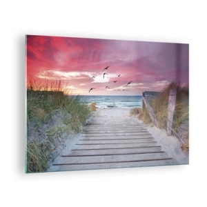 Cuadro sobre vidrio - Impresiones sobre Vidrio - Camino a la playa al atardecer con pájaros volando - 70x50cm - Impresión del Báltico - Decoración de pared moderna para salón y dormitorio ARTTOR