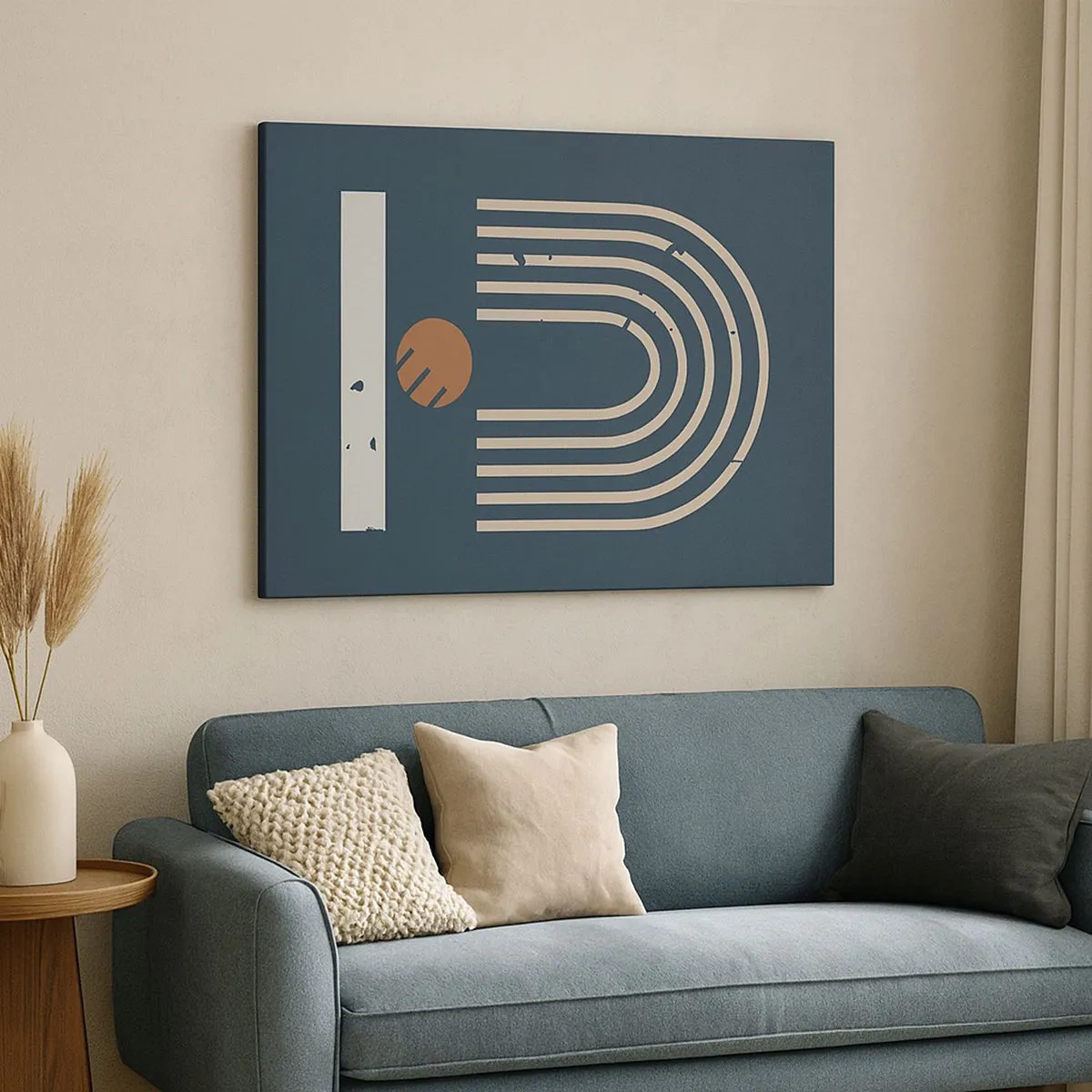 Cuadro sobre lienzo - Impresión de Imagen - Patrón geométrico en tonos azul marino, beige y naranja sobre un fondo oscuro. - 70x50cm - Geometría sobre azul marino - Decoración de pared moderna para salón y dormitorio ARTTOR