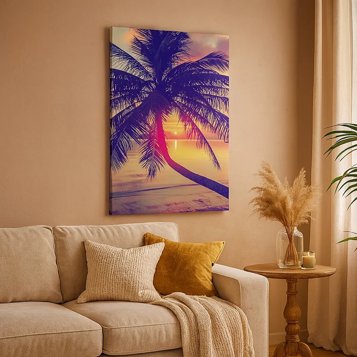 Cuadro sobre lienzo - Impresión de Imagen - Puesta de sol con una palmera sobre una orilla tranquila - 50x70cm - Atardecer bajo las palmeras - Decoración de pared moderna para salón y dormitorio ARTTOR