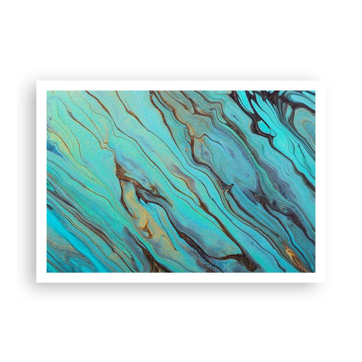 Póster - Ondas abstractas en tonos turquesa y dorado - 100x70cm - Marea turquesa - Decoración de pared moderna para salón y dormitorio ARTTOR