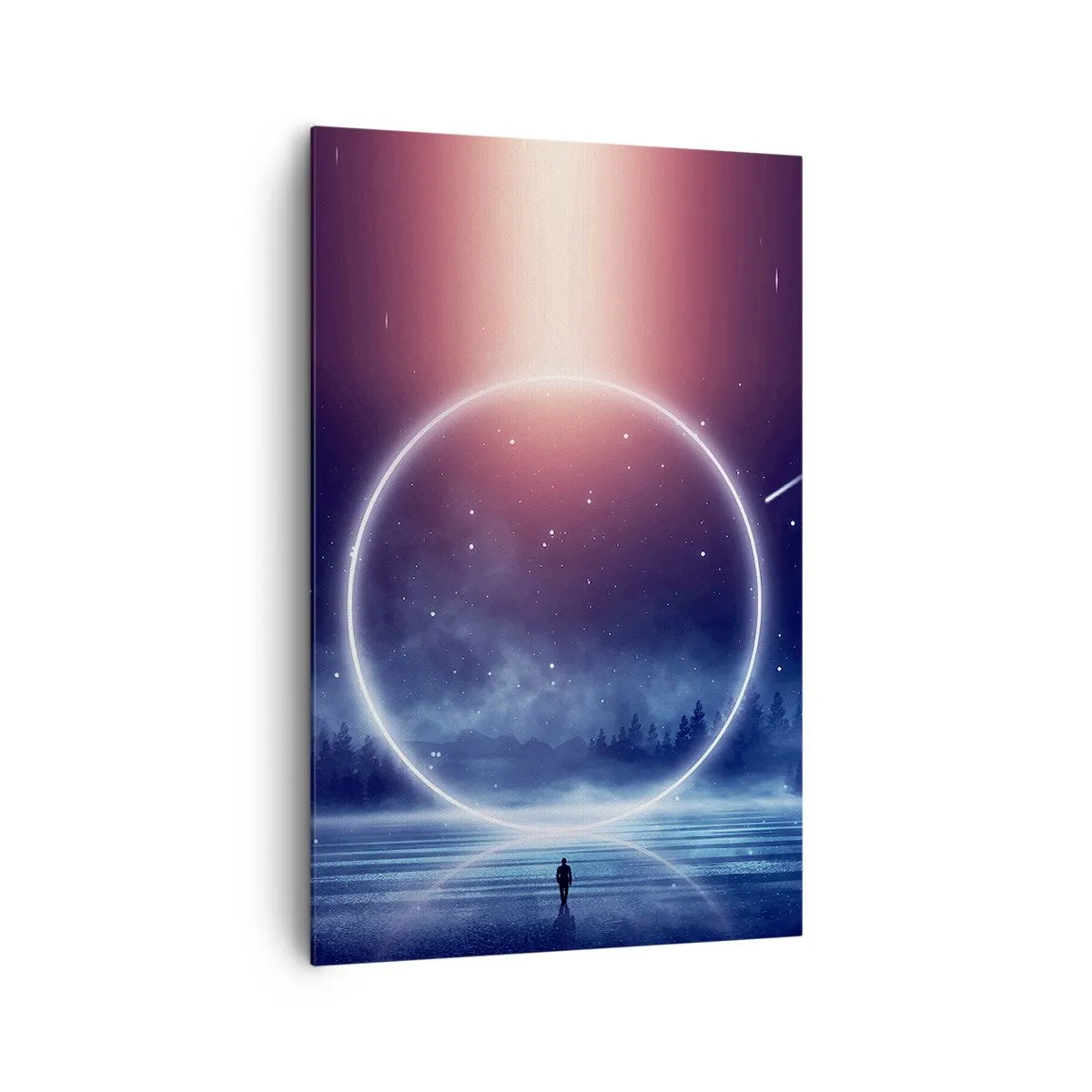Cuadro sobre lienzo - Impresión de Imagen - Un paisaje mágico con una figura y un círculo de luz por la noche. - 80x120cm - Ya están aquí... - Decoración de pared moderna para salón y dormitorio ARTTOR