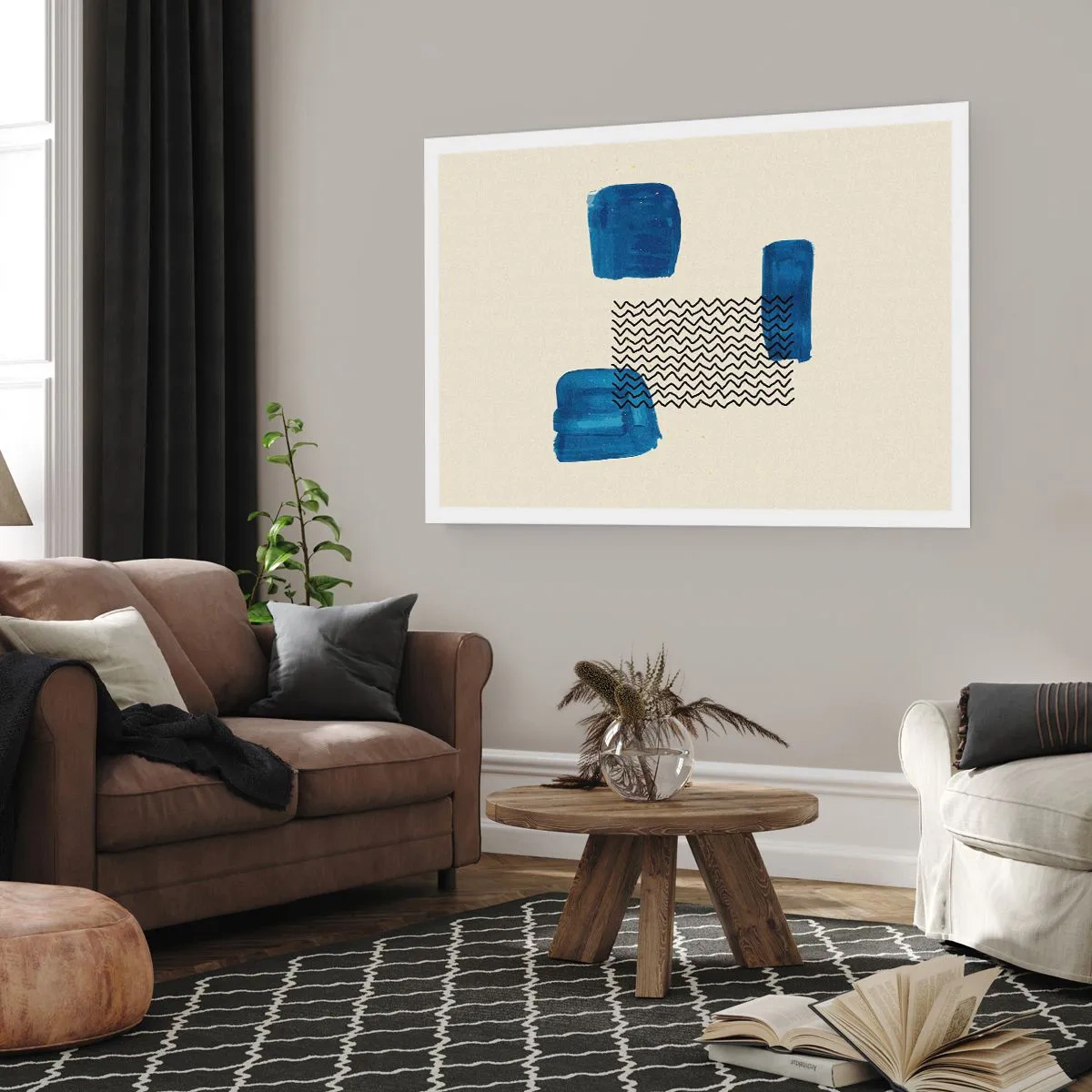 Póster - Composición abstracta con manchas azules y líneas onduladas. - 100x70cm - Un cuarteto abstracto - Decoración de pared moderna para salón y dormitorio ARTTOR