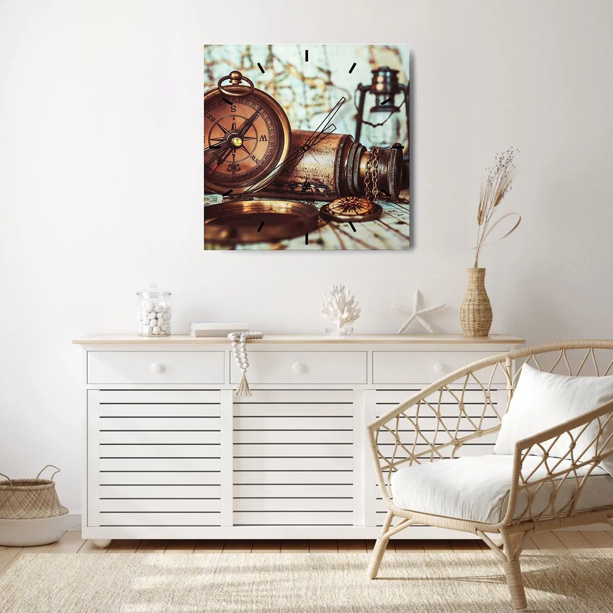 Reloj de pared - Reloj de vidrio - Un conjunto retro con brújula, telescopio y mapa con temática de viajes. - 30x30cm - Te espera una aventura pirata en el Caribe - Decoración de pared moderna para salón y dormitorio ARTTOR