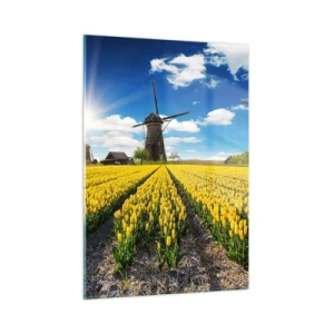 Cuadro sobre vidrio - Impresiones sobre Vidrio - Un campo de tulipanes amarillos con molinos de viento al fondo en un día soleado. - 50x70cm - No podría ser más holandés - Decoración de pared moderna para salón y dormitorio ARTTOR