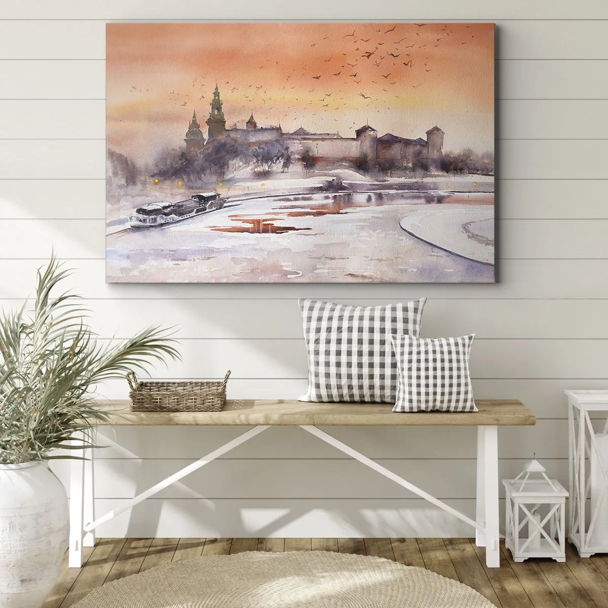 Cuadro sobre lienzo - Impresión de Imagen - Puesta de sol sobre el castillo en un paisaje invernal - 70x50cm - Atardecer real - Decoración de pared moderna para salón y dormitorio ARTTOR