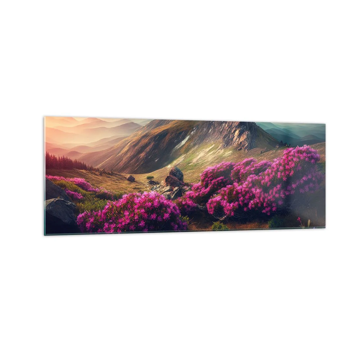 Cuadro sobre vidrio - Impresiones sobre Vidrio - Paisaje de montaña con rododendros en flor - 140x50cm - Verano en las montañas - Decoración de pared moderna para salón y dormitorio ARTTOR