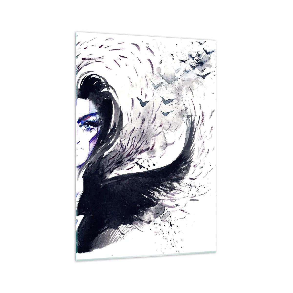 Cuadro sobre vidrio - Impresiones sobre Vidrio - Rostro abstracto con elementos contrastantes y motivo de ala. - 70x100cm - Demoníaca y hermosa - Decoración de pared moderna para salón y dormitorio ARTTOR