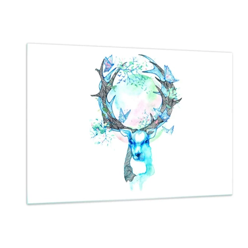 Cuadro sobre vidrio - Impresiones sobre Vidrio - Ilustración de un ciervo con mariposas en sus astas - 120x80cm - La fuerza y la dulzura de la naturaleza - Decoración de pared moderna para salón y dormitorio ARTTOR