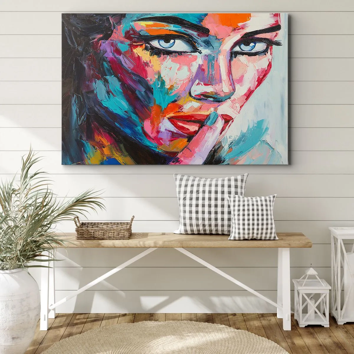 Cuadro sobre lienzo - Impresión de Imagen - Retrato colorido de una mujer en estilo abstracto. - 100x70cm - Nuestro primer secreto - Decoración de pared moderna para salón y dormitorio ARTTOR