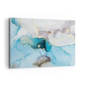 Cuadro sobre lienzo - Impresión de Imagen - Abstracción en tonos azules y dorados con líneas sutiles. - 100x70cm - Un estudio del encuentro entre el gris y el turquesa - Decoración de pared moderna para salón y dormitorio ARTTOR