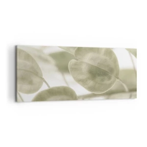 Cuadro sobre lienzo - Impresión de Imagen - Una delicada pintura de hojas en tonos pastel de verde sobre un fondo claro. - 120x50cm - Al principio de los tiempos había hojas... - Decoración de pared moderna para salón y dormitorio ARTTOR
