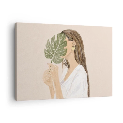 Cuadro sobre lienzo - Impresión de Imagen - Retrato de una mujer con una hoja de monstera sobre un fondo beige. - 70x50cm - Retrato misterioso con un abanico - Decoración de pared moderna para salón y dormitorio ARTTOR