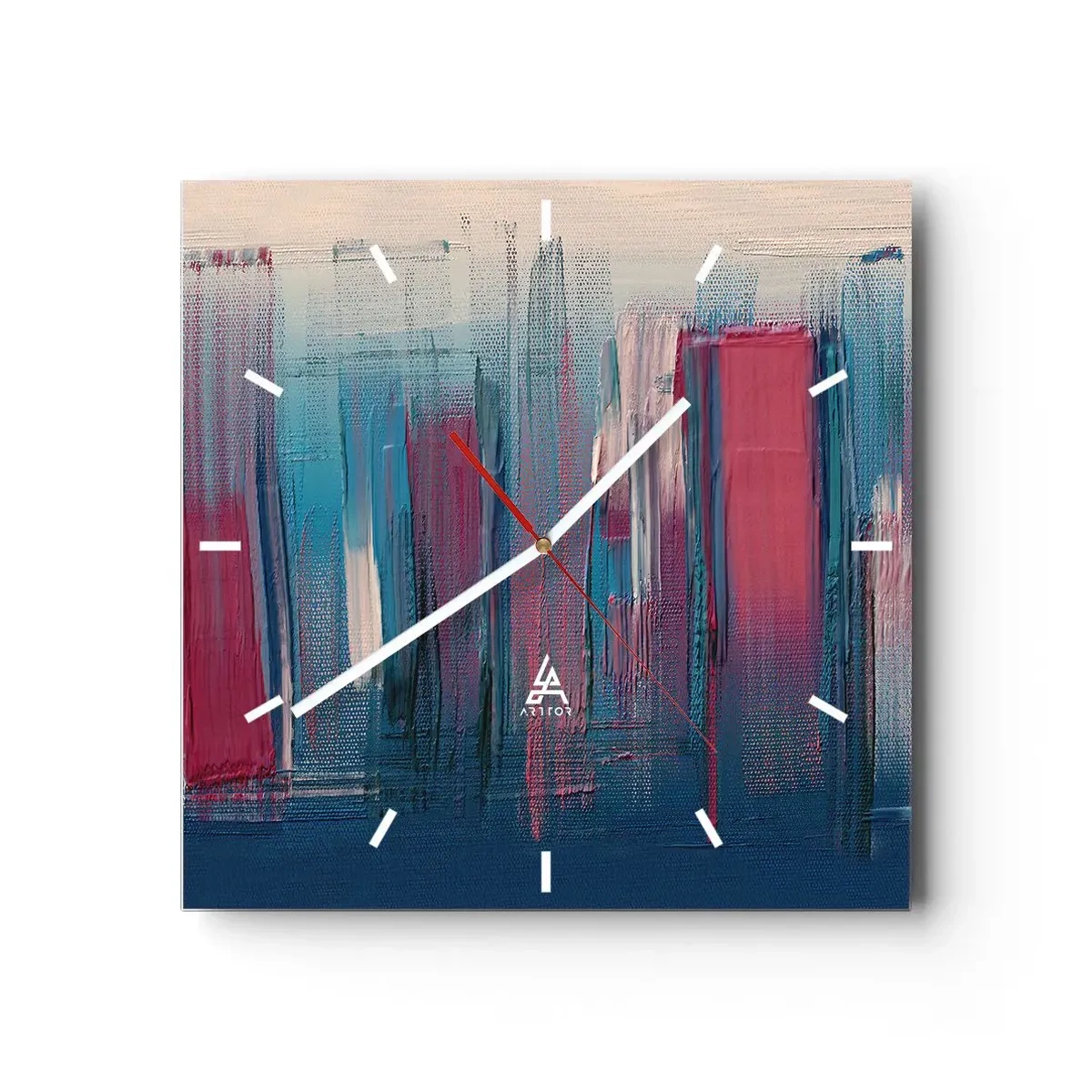 Reloj de pared - Reloj de vidrio - Formas verticales abstractas en tonos azules y rojos. - 30x30cm - Composición vertical en azul y rojo - Decoración de pared moderna para salón y dormitorio ARTTOR