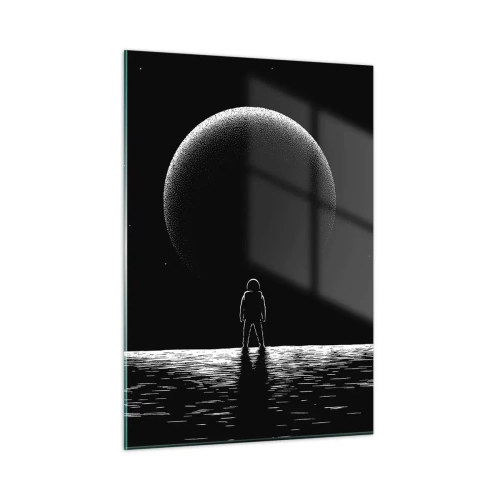 Cuadro sobre vidrio - Impresiones sobre Vidrio - Astronauta de pie frente a un planeta en blanco y negro. - 50x70cm - Cara a cara - Decoración de pared moderna para salón y dormitorio ARTTOR