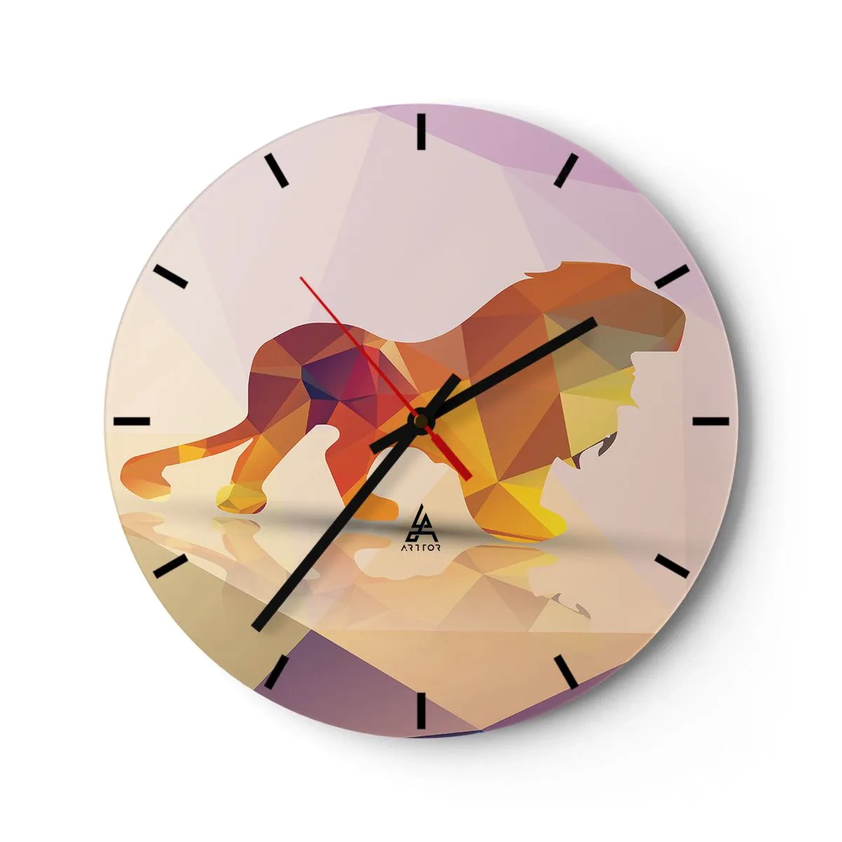 Reloj de pared - Reloj de vidrio - León geométrico en tonos amarillos y morados. - 30x30cm - El rey de los diamantes - Decoración de pared moderna para salón, cocina y dormitorio ARTTOR