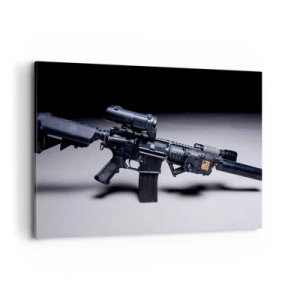 Cuadro sobre lienzo - Impresión de Imagen - Un rifle moderno en negro sobre un fondo oscuro. - 100x70cm - Un caballero oscuro - Decoración de pared moderna para salón y dormitorio ARTTOR
