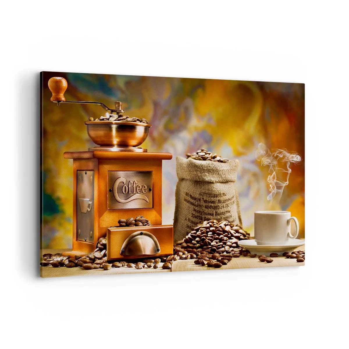 Cuadro sobre lienzo - Impresión de Imagen - Molinillo de café con granos y una taza al fondo. - 120x80cm - El crujido de los granos, el ruido del molino - Decoración de pared moderna para salón y dormitorio ARTTOR