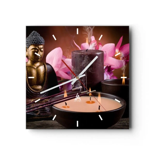 Reloj de pared - Reloj de vidrio - Figura de Buda con velas encendidas y varillas de incienso. - 30x30cm - Despejar la mente, calmar el cuerpo - Decoración de pared moderna para salón y dormitorio ARTTOR
