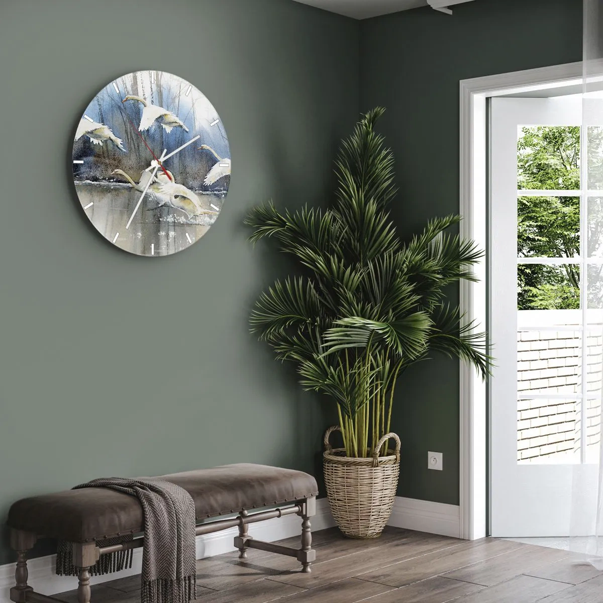 Reloj de pared - Reloj de vidrio - Cisnes volando desde la superficie del lago con el bosque al fondo - 30x30cm - Como en un cuento de cisnes salvajes - Decoración de pared moderna para salón, cocina y dormitorio ARTTOR