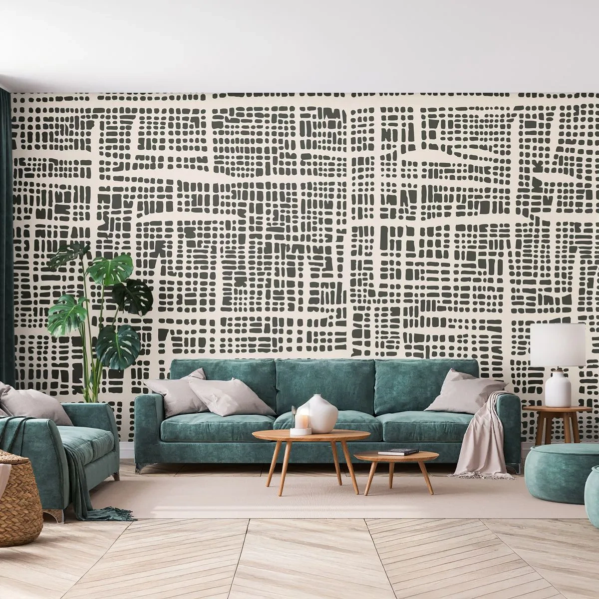 Fotomural Premium Canvas - Un patrón geométrico que se asemeja a una cuadrícula sobre un fondo claro. - 100x70cm - Composición del tejido - Decoración de pared moderna para salón y dormitorio ARTTOR