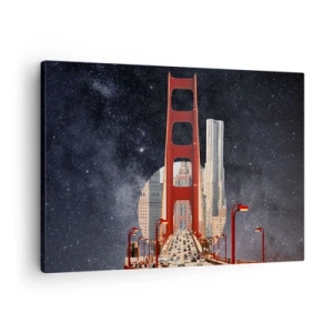 Cuadro sobre lienzo - Impresión de Imagen - El puente Golden Gate con la ciudad al fondo contra un cielo estrellado - 70x50cm - Siempre en el centro - Decoración de pared moderna para salón y dormitorio ARTTOR